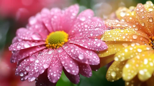 Rain-kissed gerbera blossoms glitter in dreamy close focus.