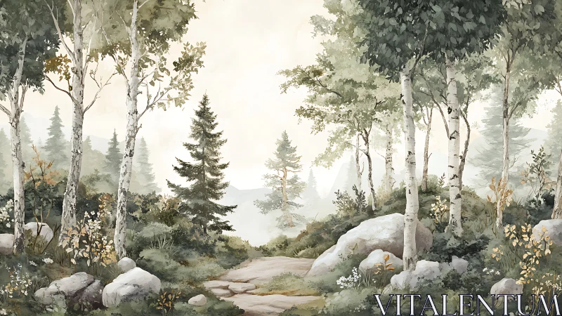 Tranquil Birch Forest Path in Watercolor Landscape Art Style.