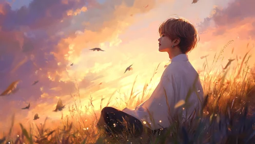 Solitary youth contemplates the sky beneath a glowing sunset