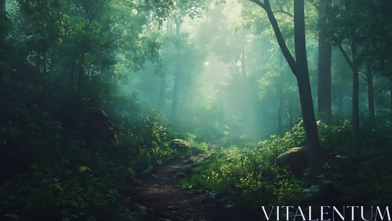 Misty Forest Pathway Through Towering Evergreens with Diffused Light.