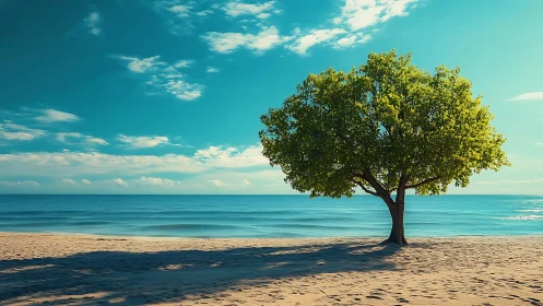 Solitary Green Tree on Serene Beach Under Clear Blue Sky.