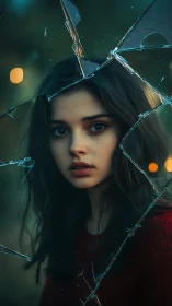 Young woman framed by broken glass shards in soft focus scene
