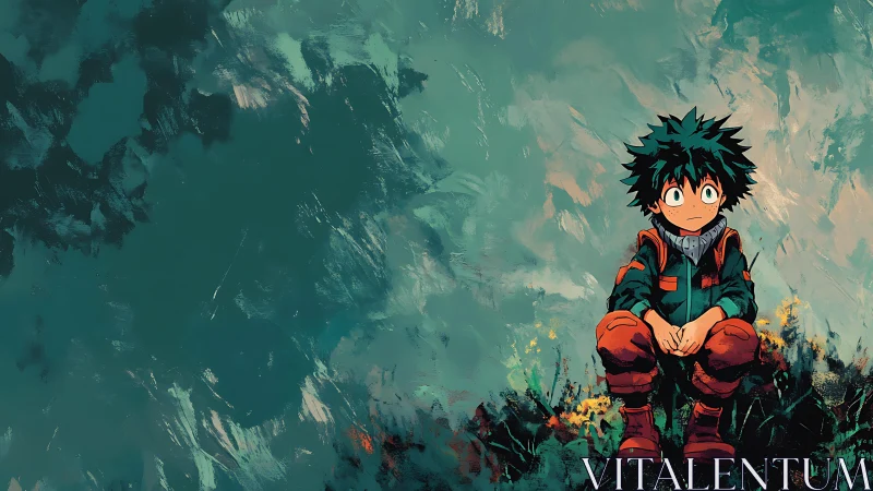 Solitary anime hero seated against teal painterly backdrop.