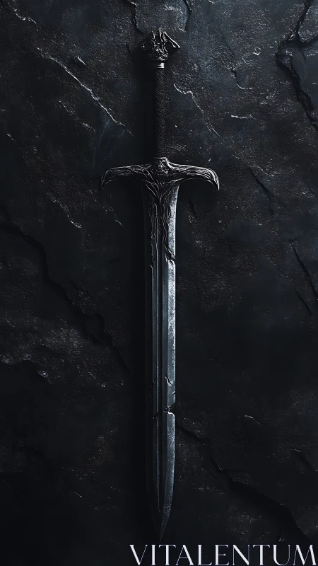 Forged steel longsword on dark slate stone background, centered