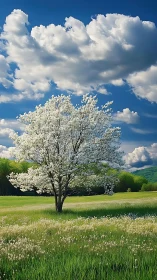 Isolated spring blossom tree under cumuliform cloud dynamics.