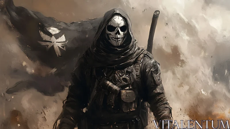 Tactical skull-masked reaper in cinematic battle haze composition.