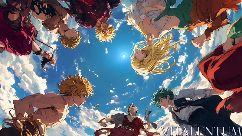 Heroes circle under vivid sky share a charged, hopeful vow