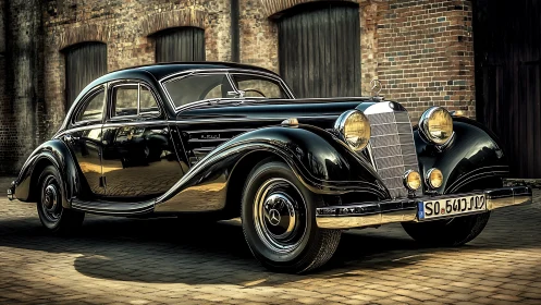 Vintage black luxury coupe reflects golden urban light.