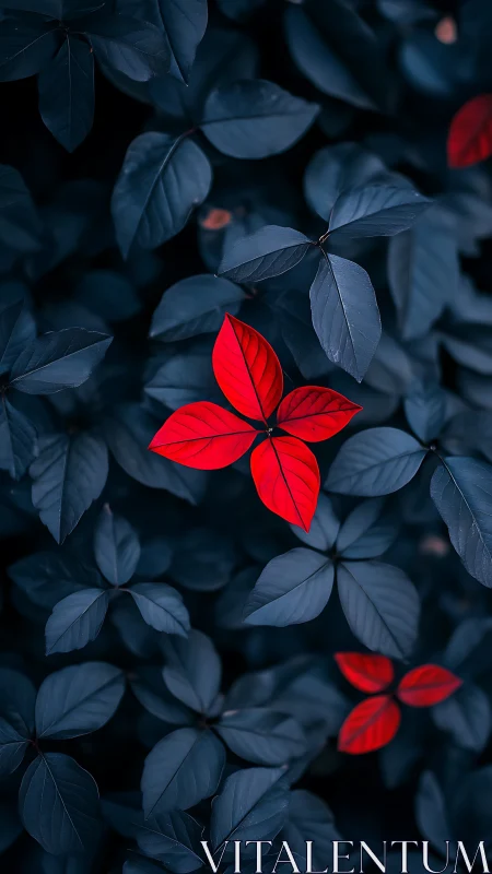 Scarlet leaves contrast against deep blue foliage background.
