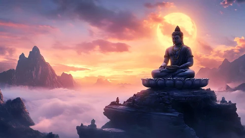 Gentle Buddha above glowing clouds at tranquil sunrise.