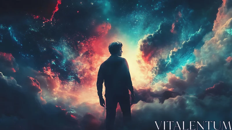 Stargazer standing at the edge of glowing cosmic clouds.