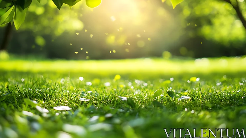 Sunlit garden lawn glows softly in warm morning light