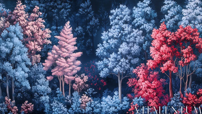 Digitally rendered forest with pink, blue and red foliage.