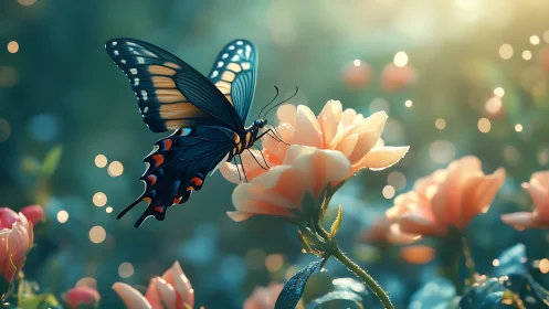 Butterfly on pale rose in softly lit garden background.