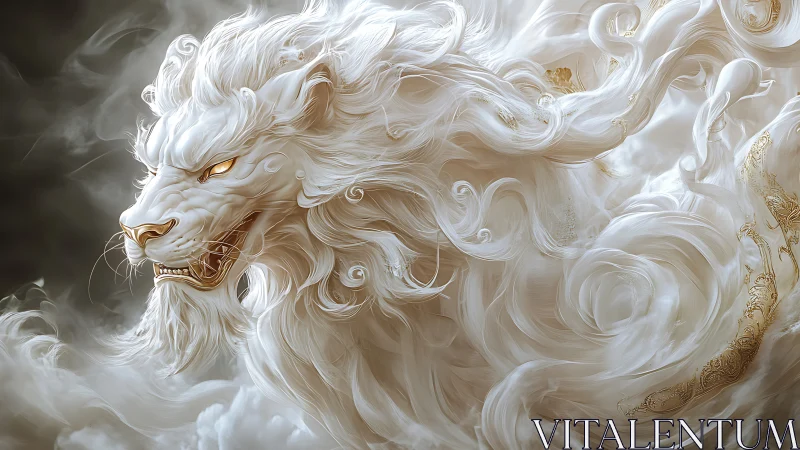 Celestial ivory lion swirling through golden storm clouds.