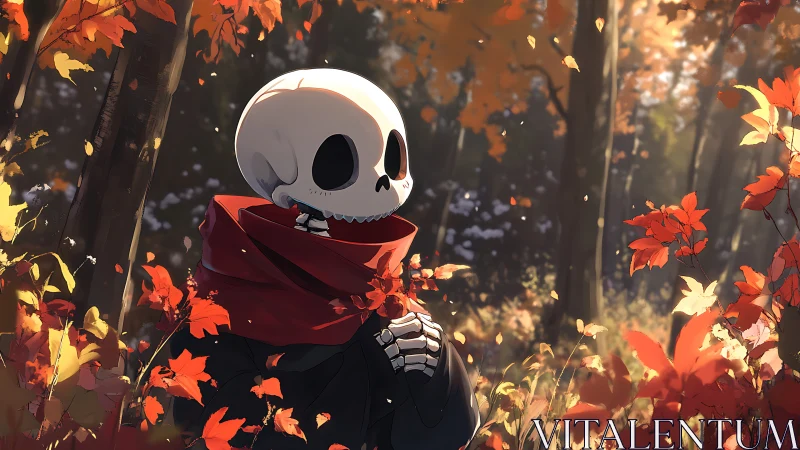 Skeletal figure in red scarf standing in sunlit autumn forest