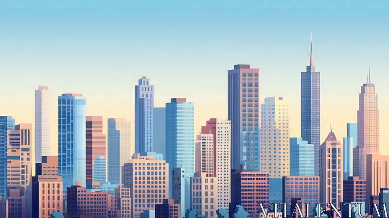 Sunlit modern skyline with varied high-rise architecture.