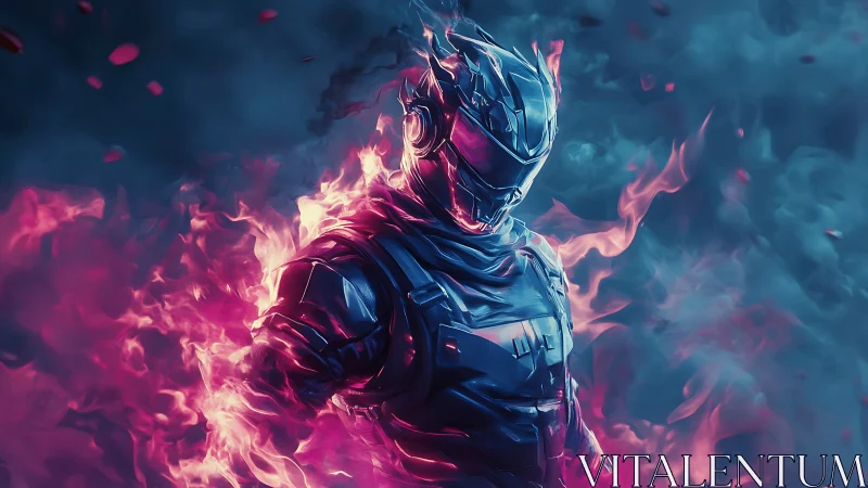 Flaming cyber warrior strides forward wrapped in neon fire