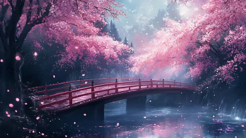 Dreamy cherry blossom bridge over a quiet blue river.