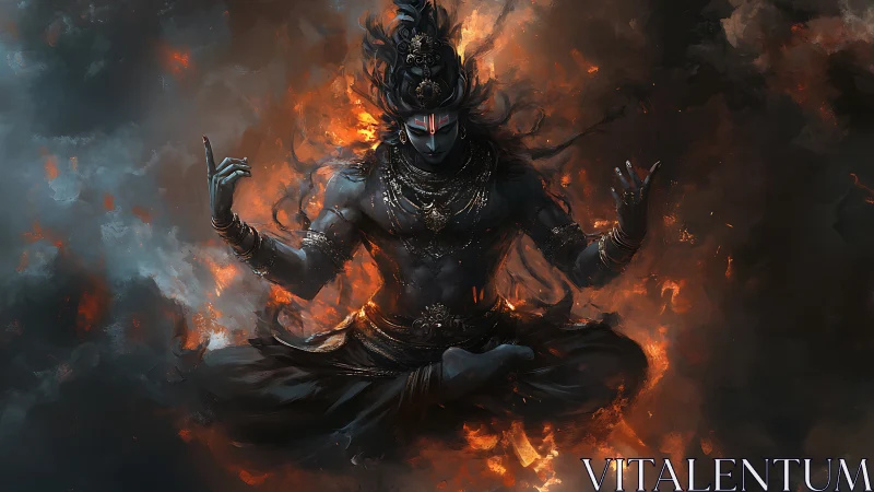 Mythic ash-bodied deity levitating within turbulent inferno.