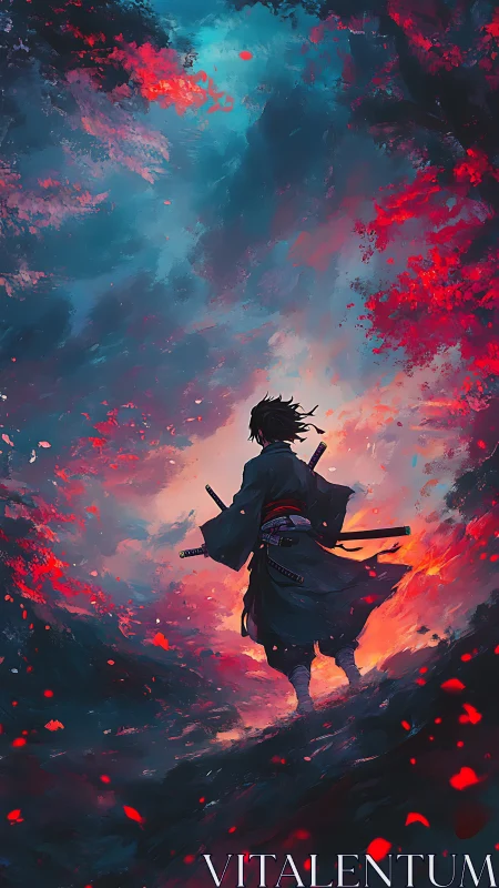 Lone samurai strides through fiery dusk-lit forest path