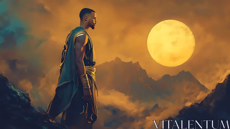 Moonlit guardian pausing at the edge of glowing mountains.