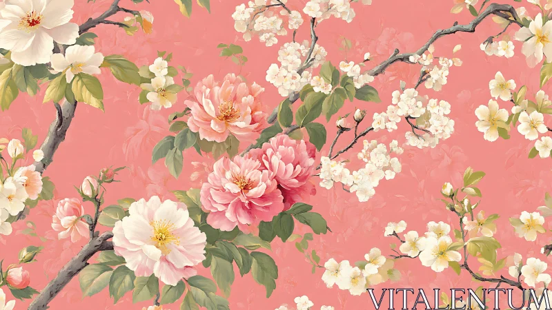 Classical Chinoiserie Floral Composition with Layered Peony and Prunus Blossoms