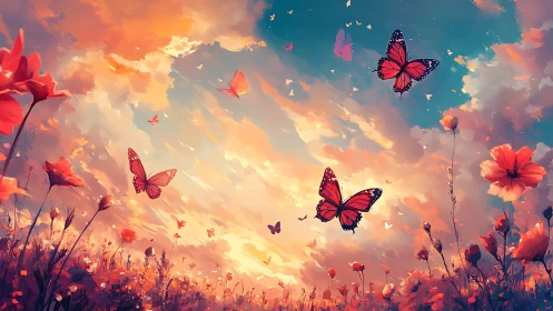 Monarch butterflies drift across a luminous painterly dusk sky