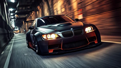Widebody BMW race car in motion through illuminated tunnel