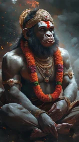 Serene divine monkey warrior resting in glowing garlands.