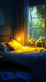 Interior bedroom scene with lit lamp and open window.