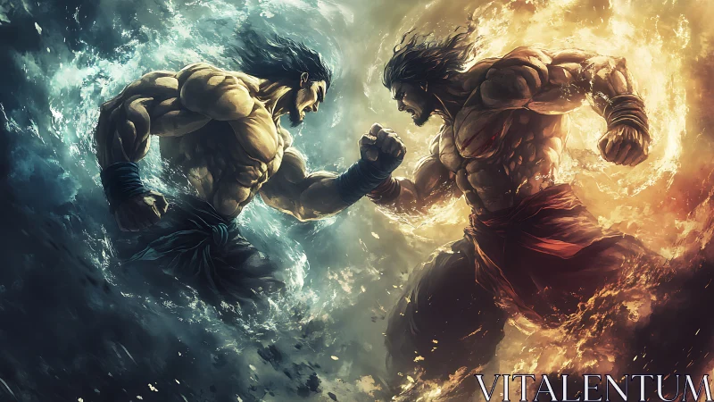 Elemental warriors locked in opposing fire and water duel.