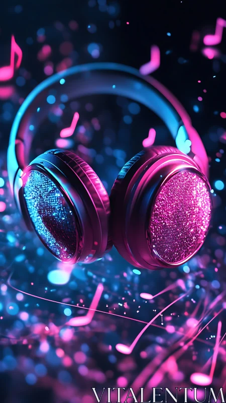 Glittering neon headphones glow amid floating music notes.