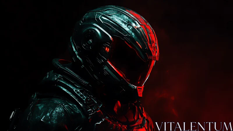 Tactical exosuit operator in high-contrast red key lighting.