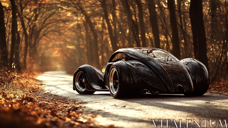 Futuristic black concept car on quiet autumn forest road.