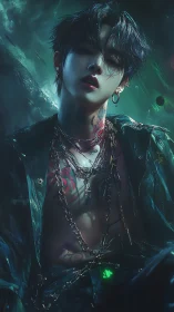 Neon-lit cyberpunk idol with chains and glowing tattoos.