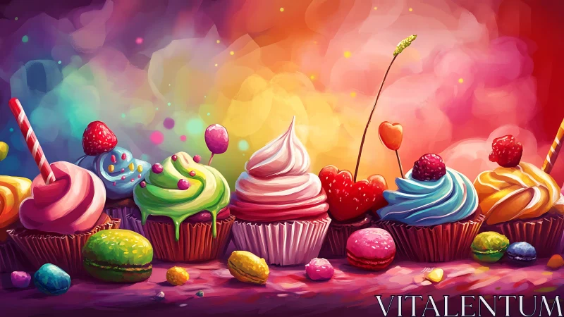 Multicolored Cupcakes with Toppings on Gradient Background.