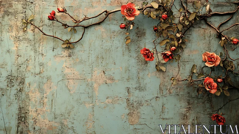 Rust-red roses climbing across weathered teal plaster wall.