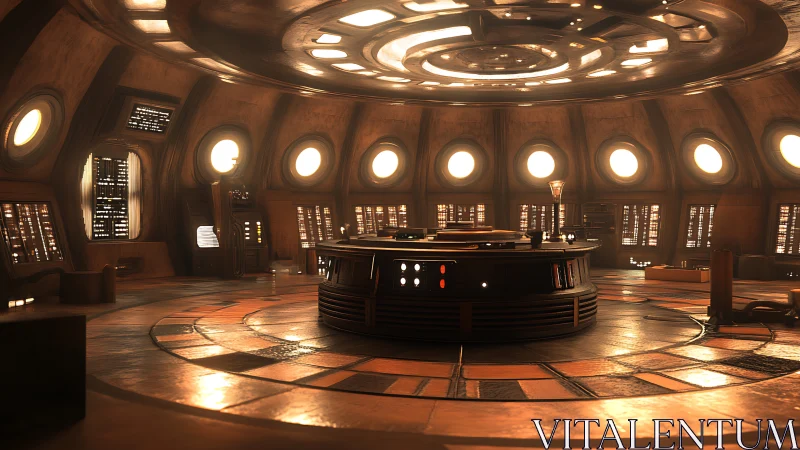 Orbital command hall glows in warm retro-future bronze light.