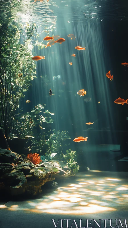 Sunlit underwater garden with drifting golden fish.