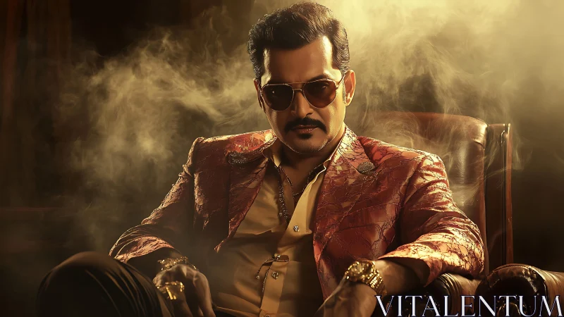 Commanding man in gold-lit smoke exudes cinematic power