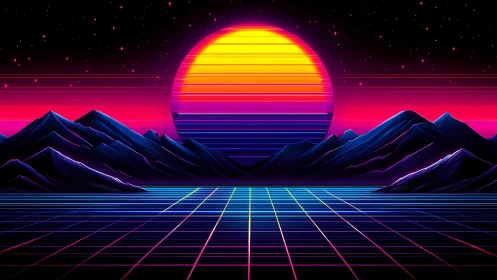Retro-futuristic neon horizon with grid plane and banded gradient sun