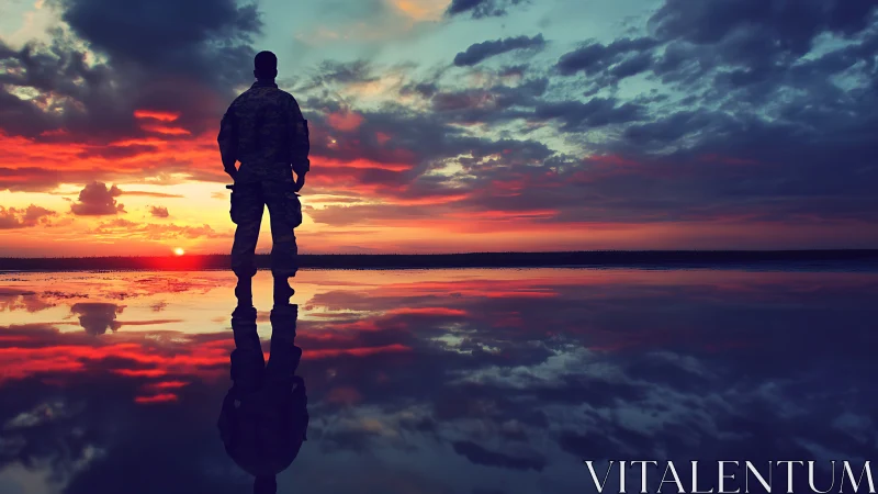 Silhouetted soldier studies mirrored sunset horizon over water