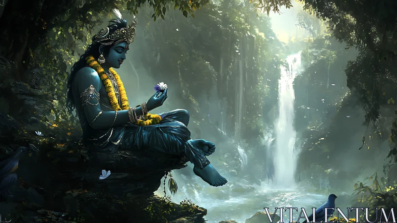 Blue deity contemplates lotus beside luminous jungle waterfall.