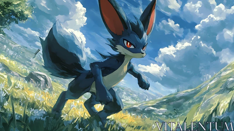 Playful fox-like adventurer racing through sunny fields.