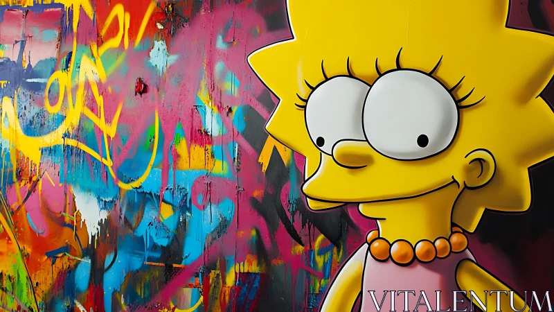 Cartoon girl portrait against vibrant graffiti wall backdrop.