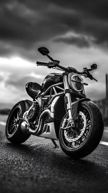 Black sport motorcycle on wet road under overcast sky.