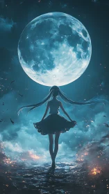 Moonlit dreamer walks toward a glowing sky of wonders
