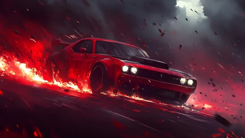 Muscle car drifts through incendiary rain in cinematic perspective