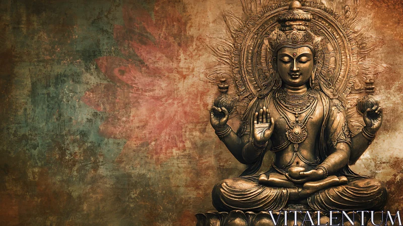 Bronze multi-armed bodhisattva statue against textured patina wall